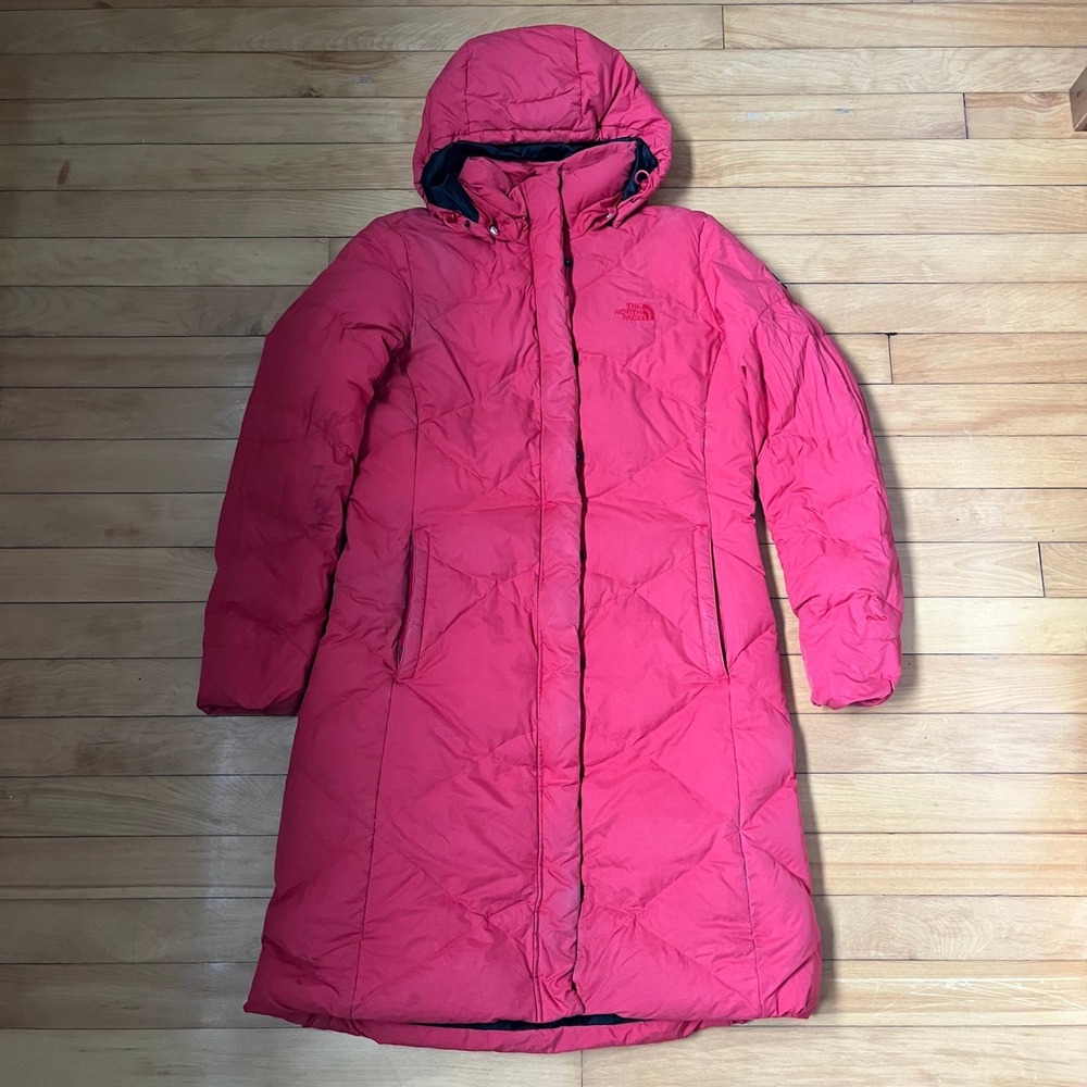 The North Face Womens 600 Down Long Hooded Parka Pink Diamond Quilt Size Medium